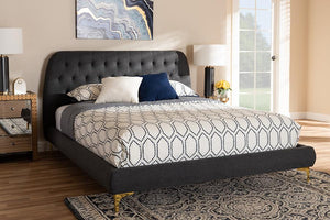 Baxton Studio Ingrid Glam and Luxe Dark Grey Fabric Upholstered Gold Finished Legs Queen Size Platform Bed