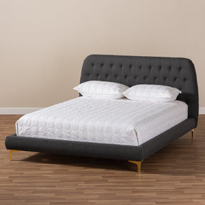 Baxton Studio Ingrid Glam and Luxe Dark Grey Fabric Upholstered Gold Finished Legs Full Size Platform Bed