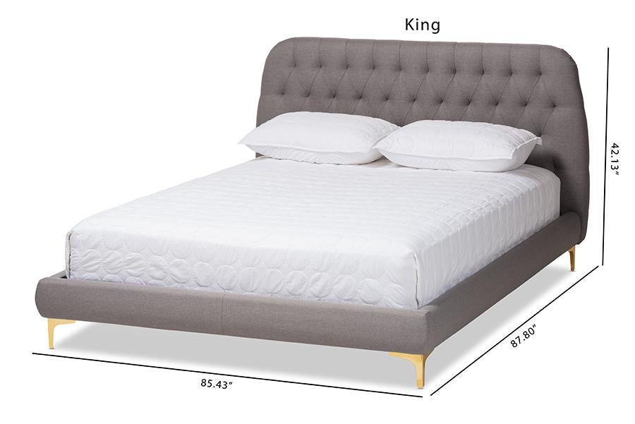 Baxton Studio Ingrid Glam and Luxe Light Grey Fabric Upholstered Gold Finished Legs Queen Size Platform Bed