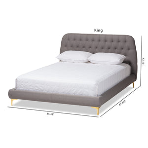 Baxton Studio Ingrid Glam and Luxe Light Grey Fabric Upholstered Gold Finished Legs Queen Size Platform Bed