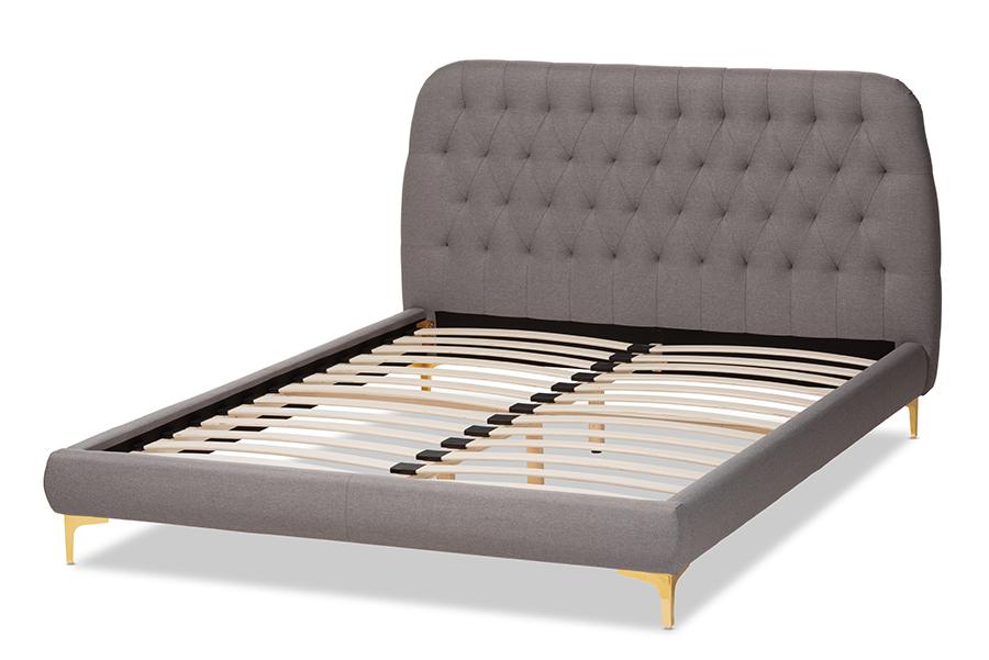 Baxton Studio Ingrid Glam and Luxe Light Grey Fabric Upholstered Gold Finished Legs Full Size Platform Bed