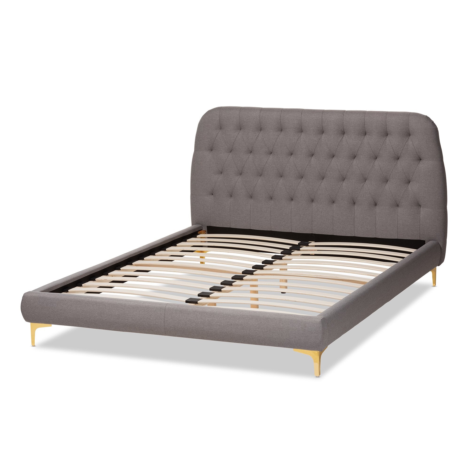 Baxton Studio Ingrid Glam and Luxe Light Grey Fabric Upholstered Gold Finished Legs Full Size Platform Bed