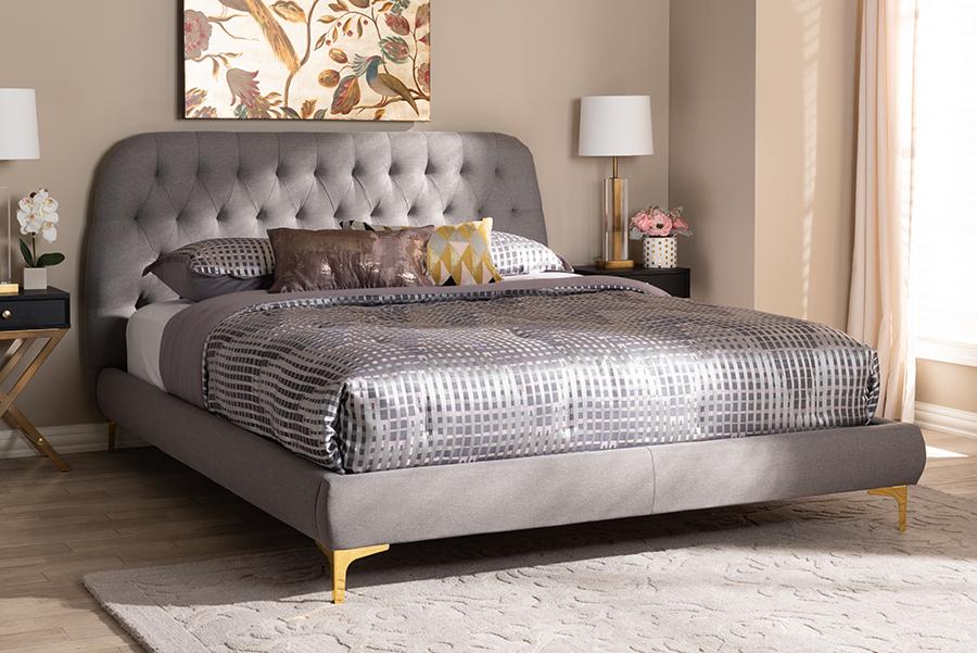 Baxton Studio Ingrid Glam and Luxe Light Grey Fabric Upholstered Gold Finished Legs Queen Size Platform Bed