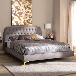 Baxton Studio Ingrid Glam and Luxe Light Grey Fabric Upholstered Gold Finished Legs King Size Platform Bed