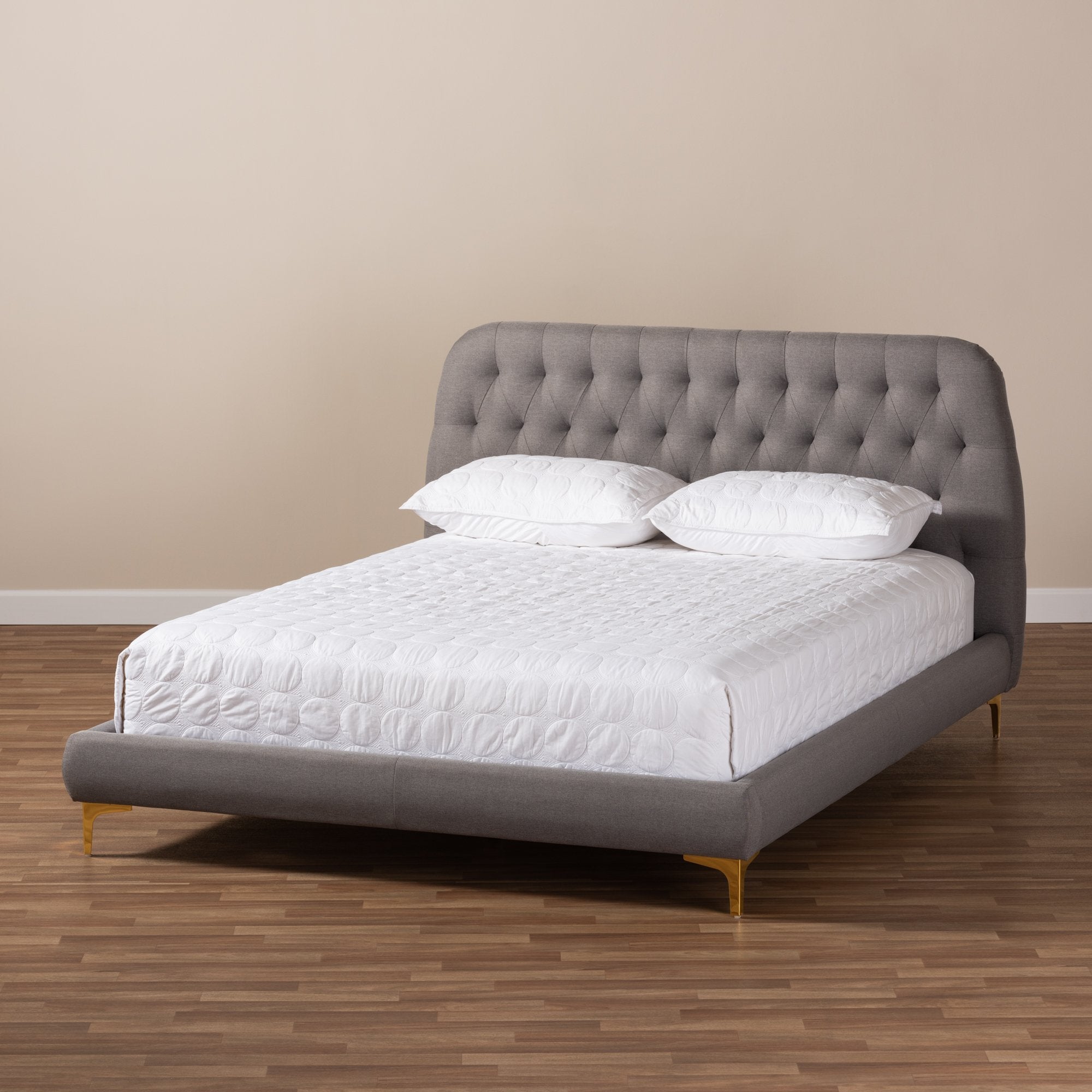 Baxton Studio Ingrid Glam and Luxe Light Grey Fabric Upholstered Gold Finished Legs Full Size Platform Bed