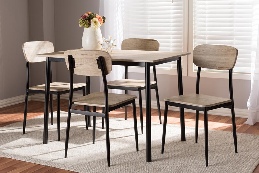 Baxton Studio Honore Mid-Century Modern Light Brown Wood Finished Matte Black Frame 5-Piece Dining Set