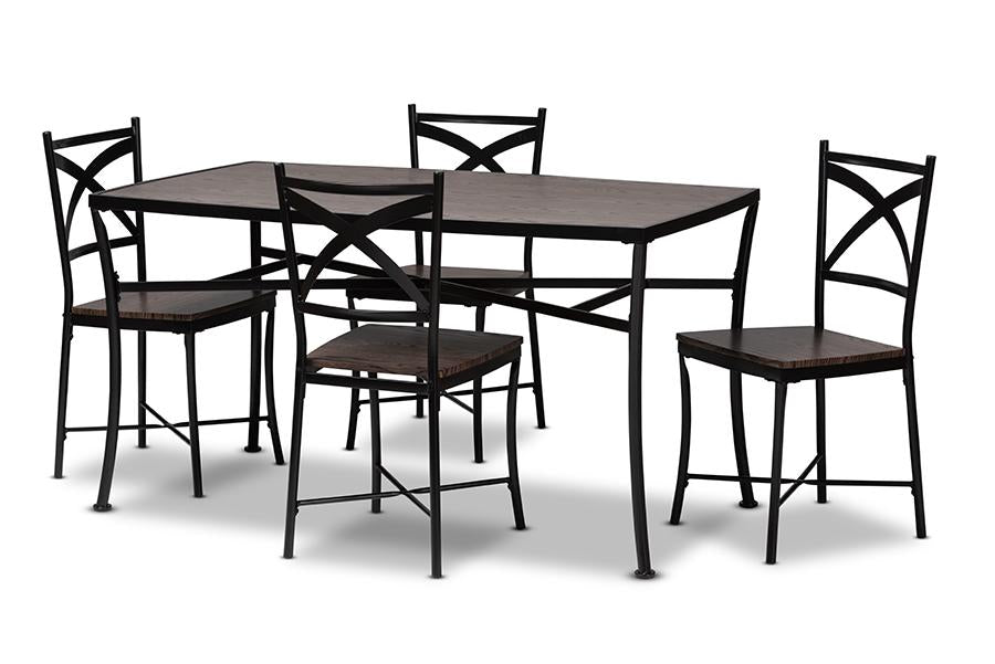 Baxton Studio Josie Rustic and Industrial Brown Wood Finished Matte Black Frame 5-Piece Dining Set