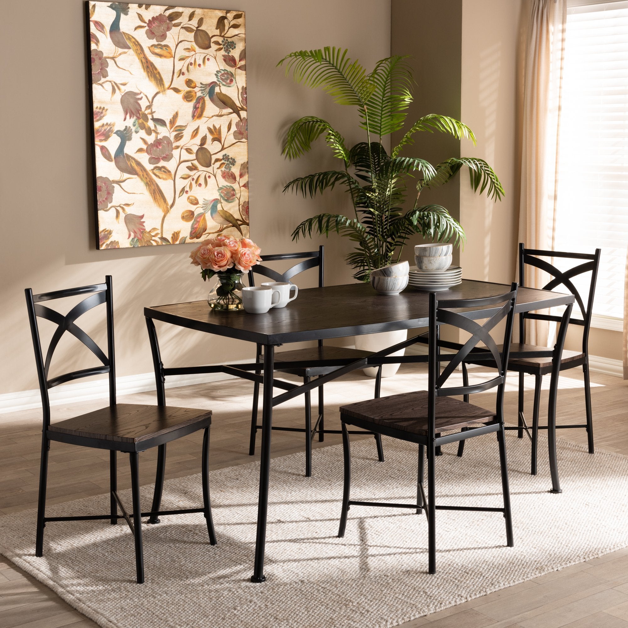 Baxton Studio Josie Rustic and Industrial Brown Wood Finished Matte Black Frame 5-Piece Dining Set