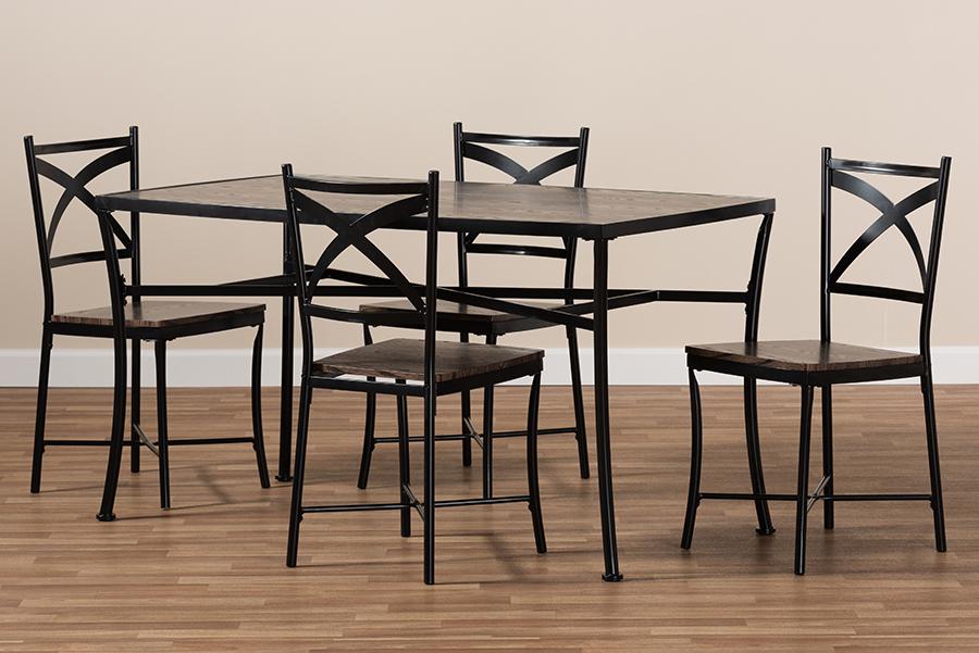 Baxton Studio Josie Rustic and Industrial Brown Wood Finished Matte Black Frame 5-Piece Dining Set