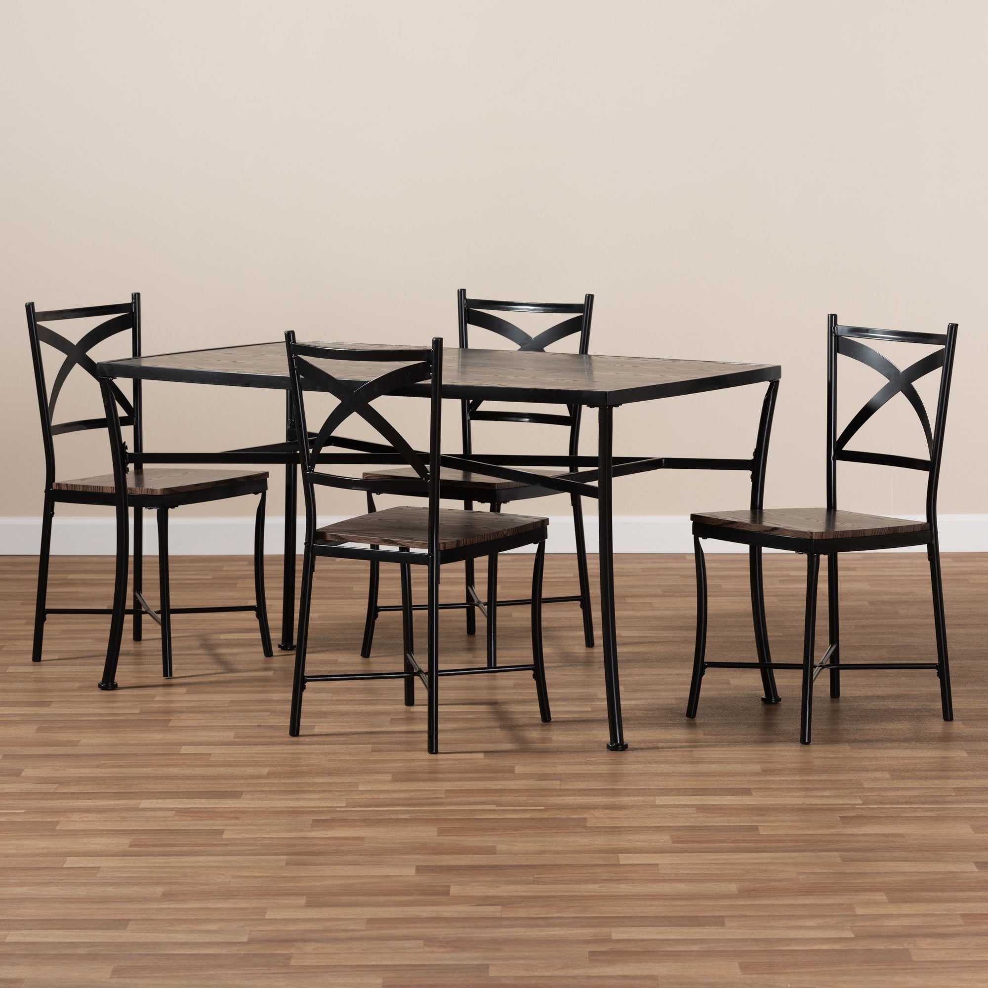 Baxton Studio Josie Rustic and Industrial Brown Wood Finished Matte Black Frame 5-Piece Dining Set