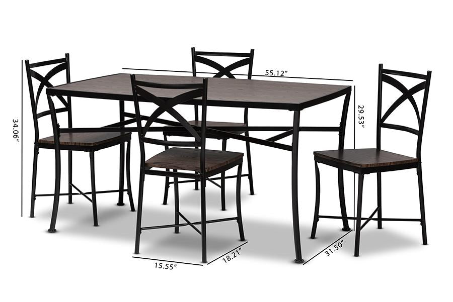 Baxton Studio Josie Rustic and Industrial Brown Wood Finished Matte Black Frame 5-Piece Dining Set