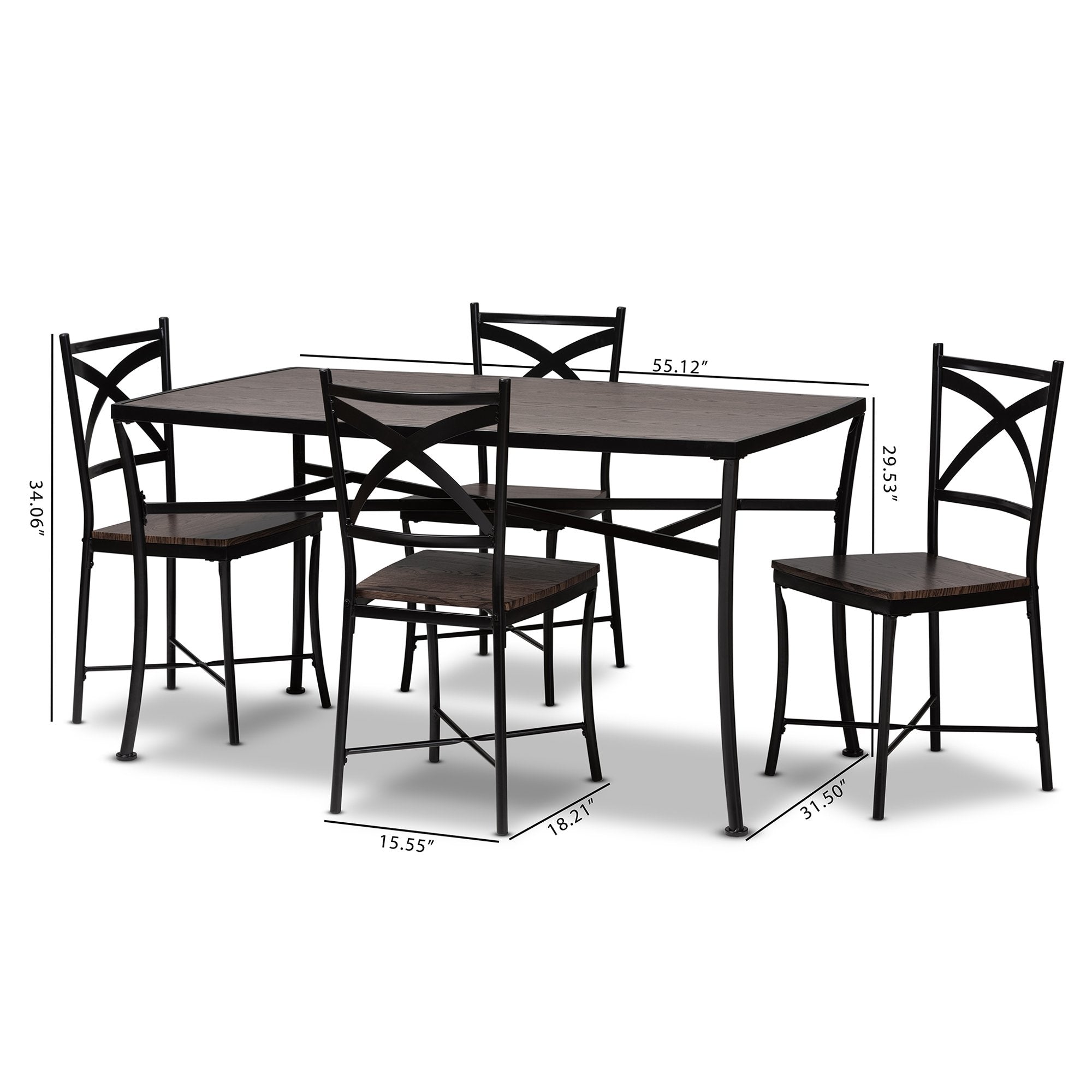 Baxton Studio Josie Rustic and Industrial Brown Wood Finished Matte Black Frame 5-Piece Dining Set