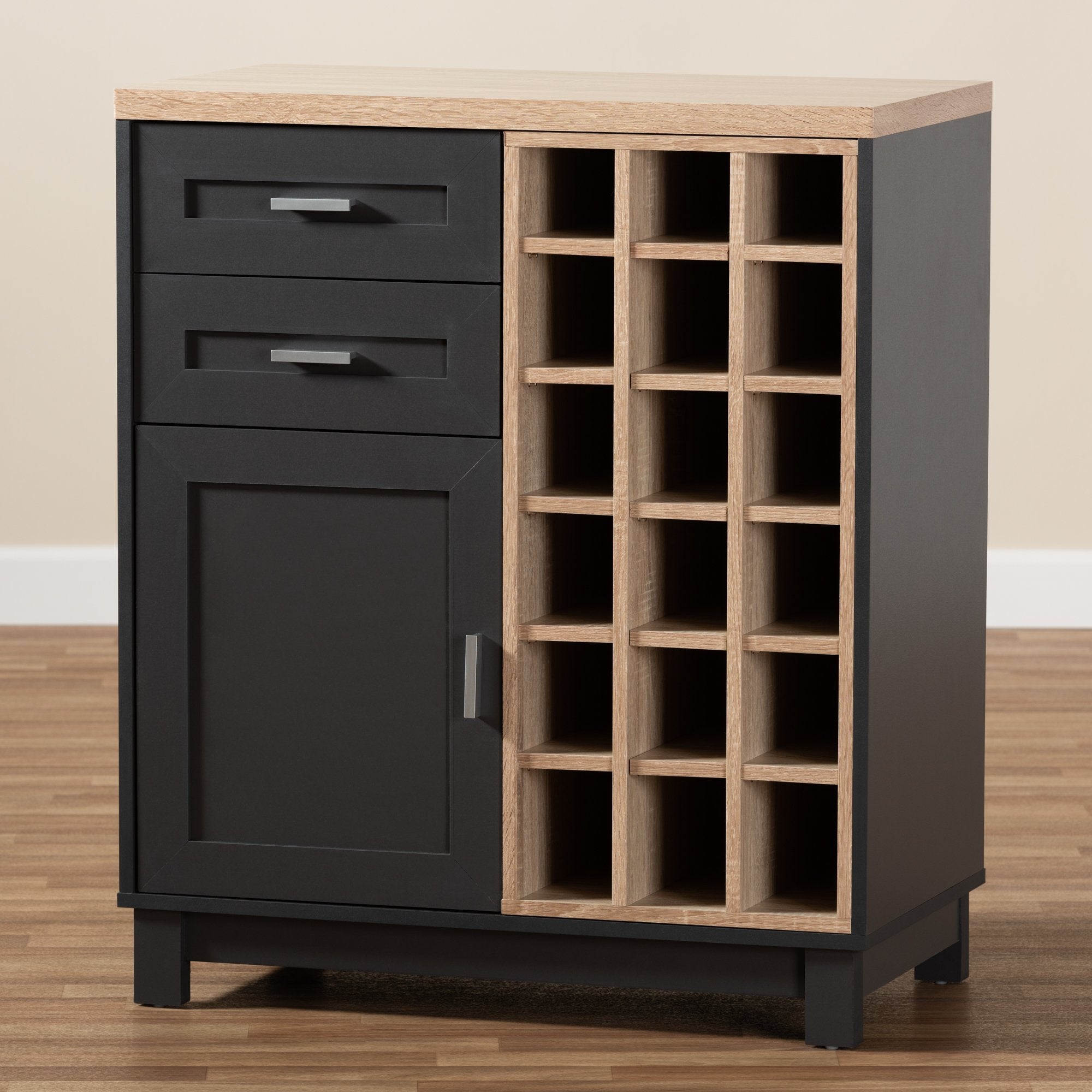 Baxton Studio Maxime Modern and Contemporary Grey and Light Oak Finished Wine Cabinet