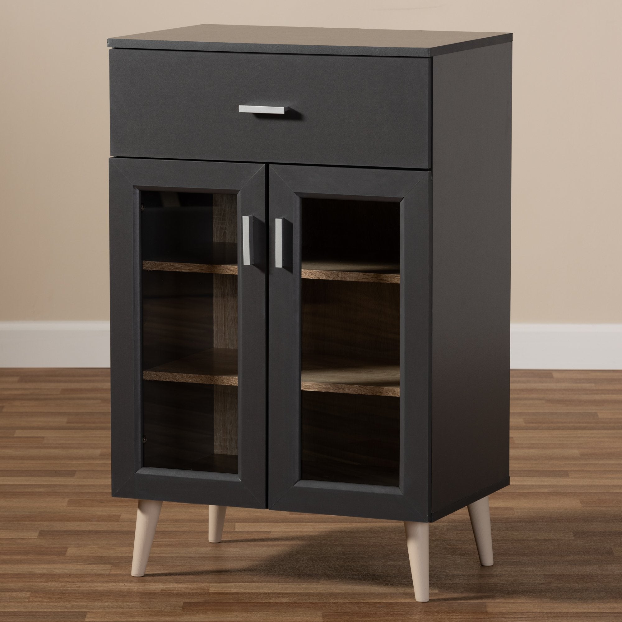 Baxton Studio Jonas Modern and Contemporary Dark Grey and Oak Brown Finished Kitchen Cabinet