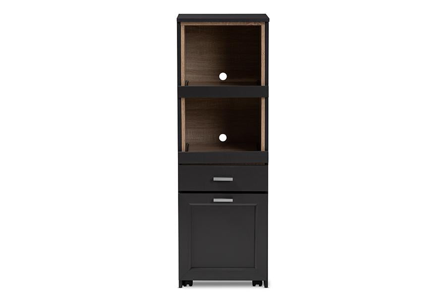 Baxton Studio Fabian Modern and Contemporary Dark Grey and Oak Brown Finished Kitchen Cabinet with Roll-Out Compartment