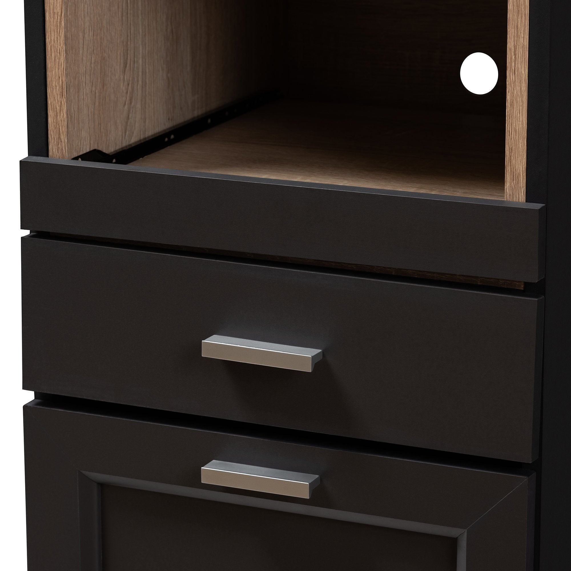 Baxton Studio Fabian Modern and Contemporary Dark Grey and Oak Brown Finished Kitchen Cabinet with Roll-Out Compartment