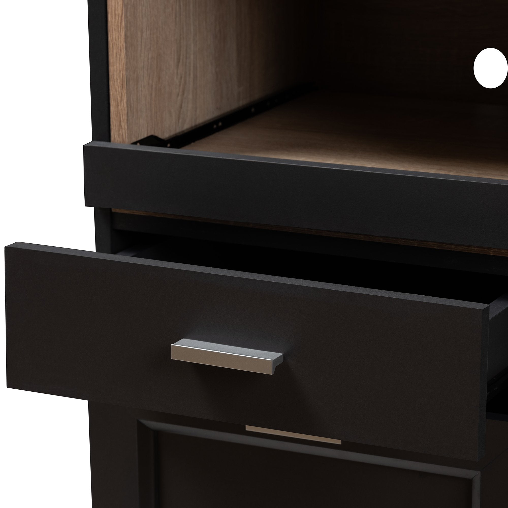 Baxton Studio Fabian Modern and Contemporary Dark Grey and Oak Brown Finished Kitchen Cabinet with Roll-Out Compartment