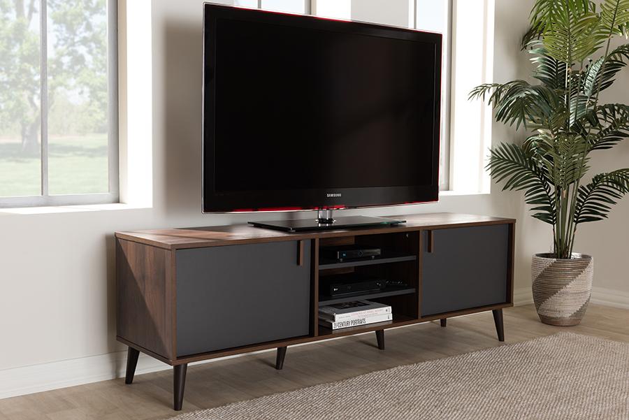 Baxton Studio Samuel Mid-Century Modern Brown and Dark Grey Finished TV Stand