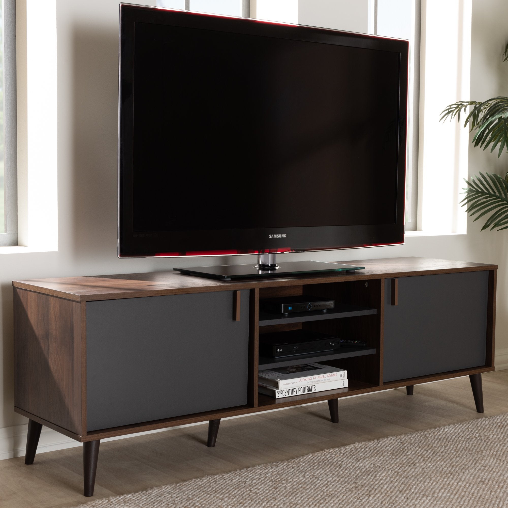 Baxton Studio Samuel Mid-Century Modern Brown and Dark Grey Finished TV Stand