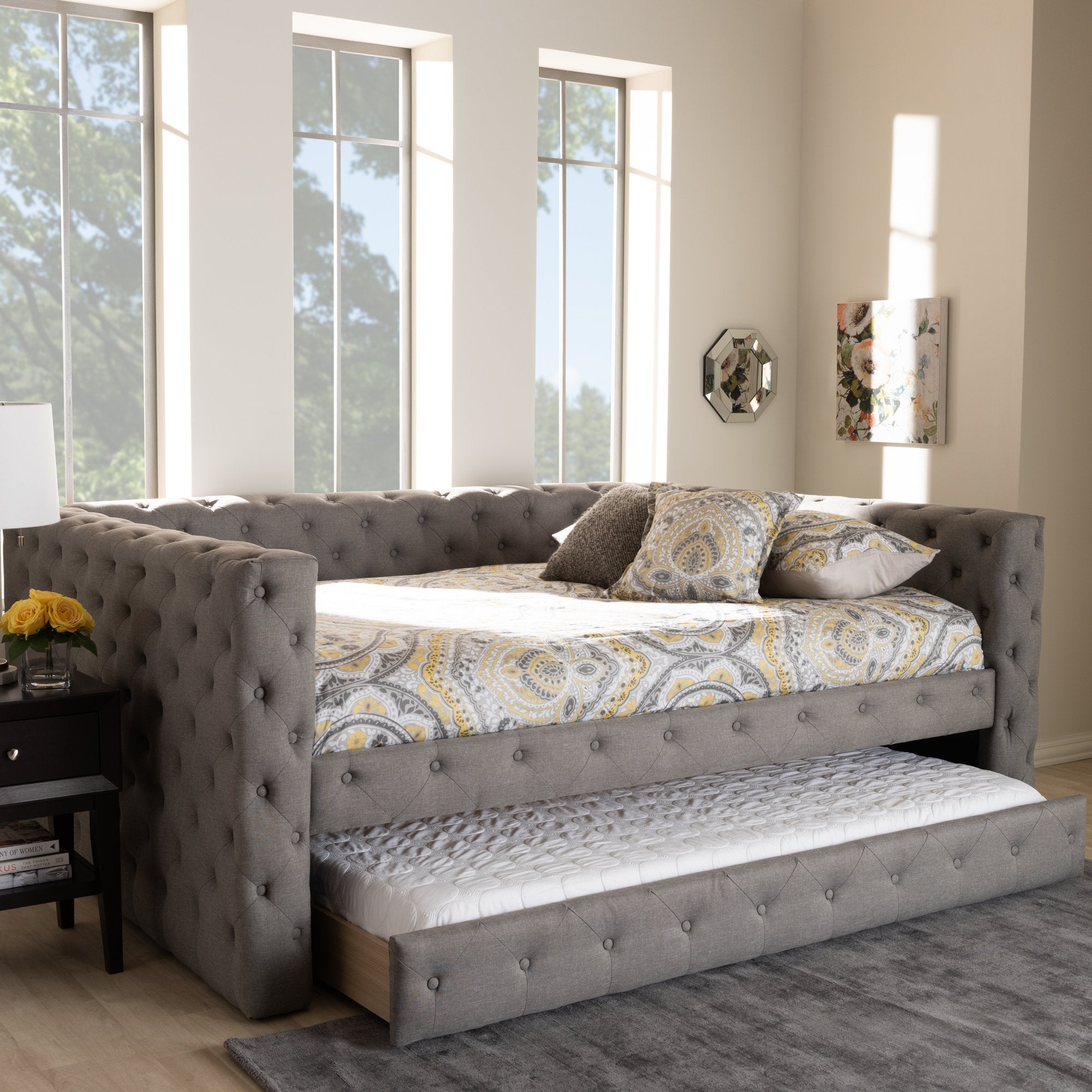 Baxton Studio Anabella Modern and Contemporary Grey Fabric Upholstered Full Size Daybed with Trundle