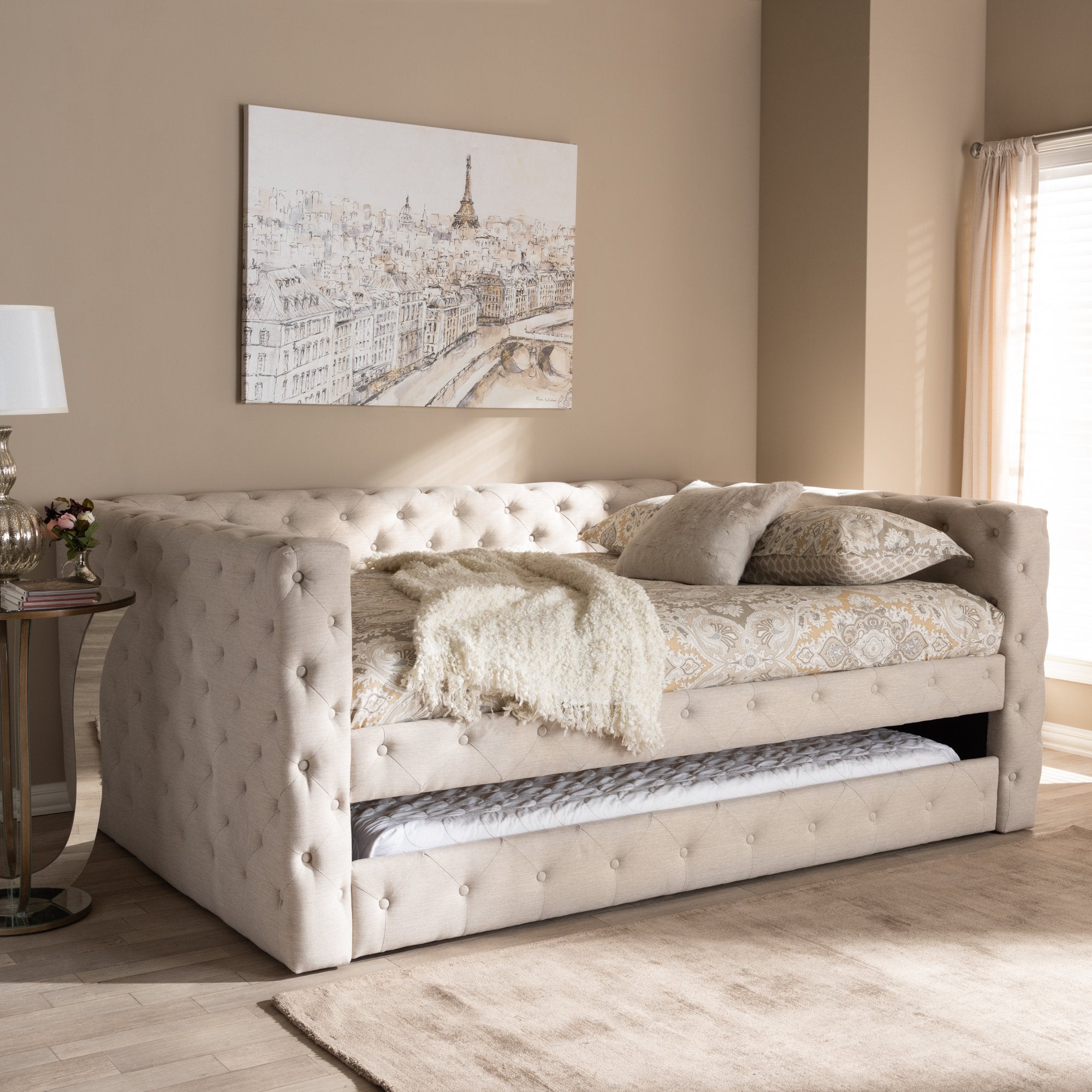 Baxton Studio Anabella Classic and Contemporary Light Beige Fabric Upholstered Full Size Daybed with Trundle