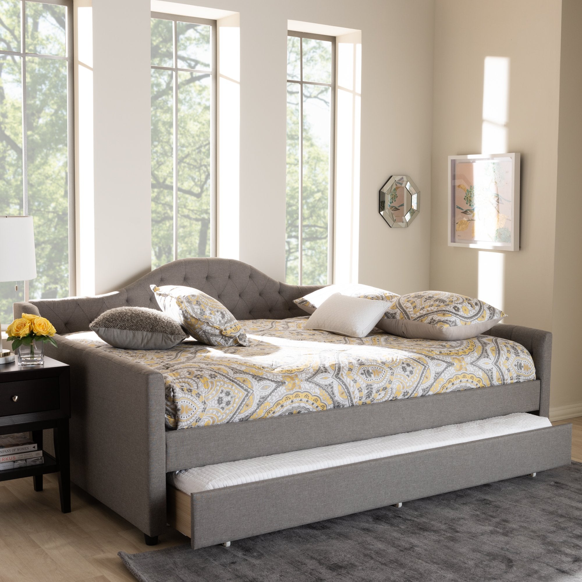 Baxton Studio Eliza Modern and Contemporary Grey Fabric Upholstered Full Size Daybed with Trundle