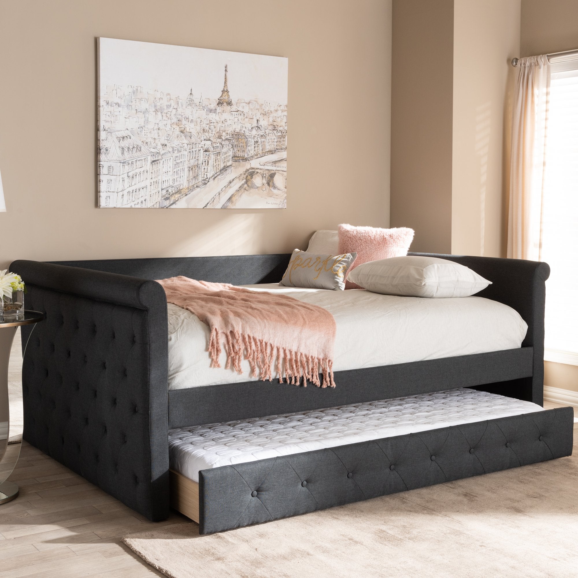 Baxton Studio Alena Modern and Contemporary Dark Grey Fabric Upholstered Queen Size Daybed with Trundle