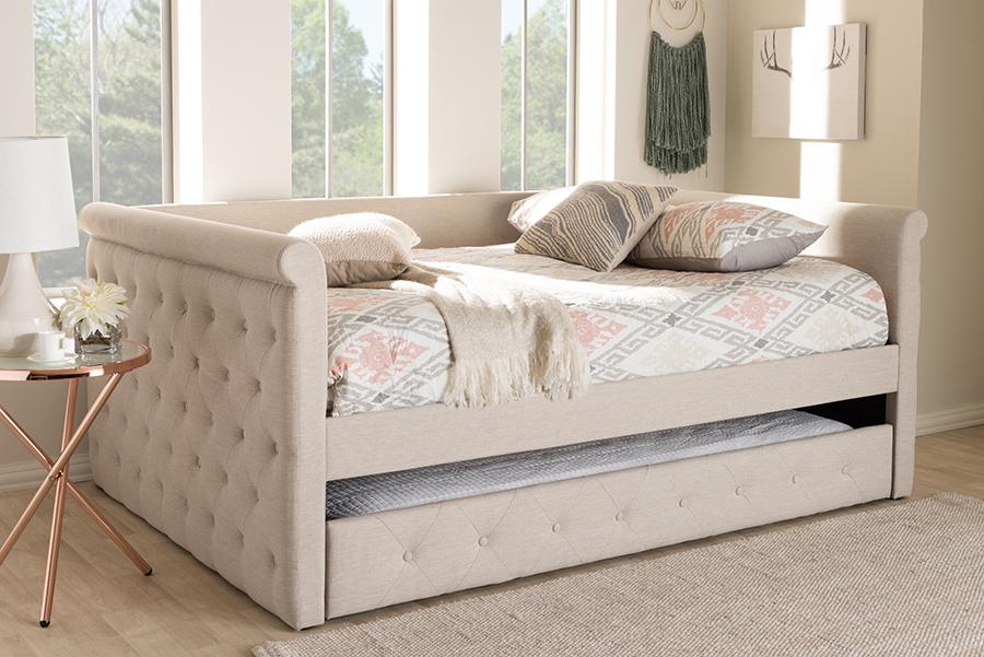 Baxton Studio Alena Modern and Contemporary Light Beige Fabric Upholstered Queen Size Daybed with Trundle