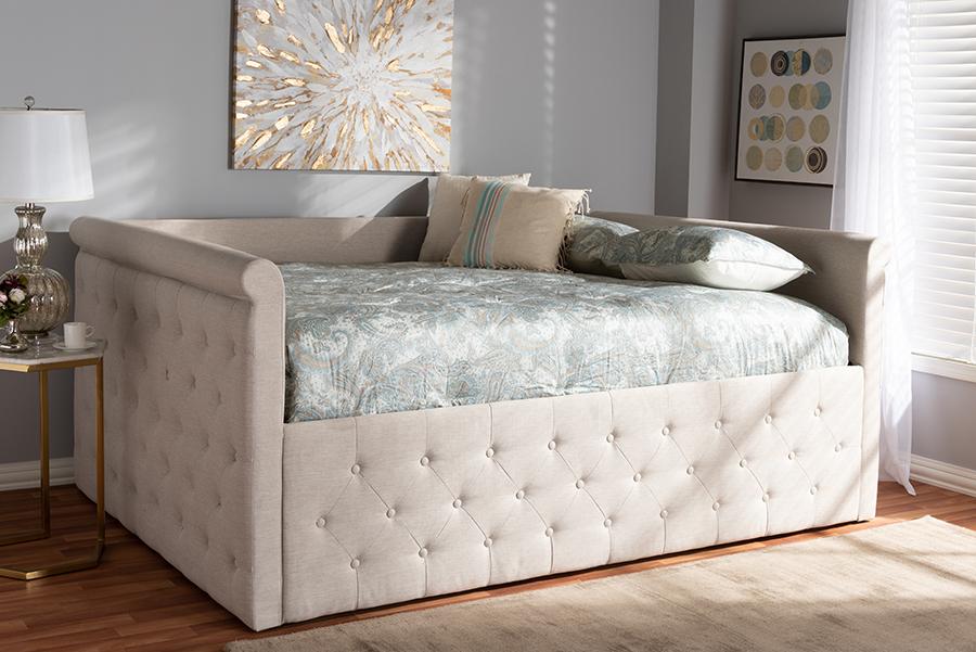 Baxton Studio Amaya Modern and Contemporary Light Beige Fabric Upholstered Queen Size Daybed