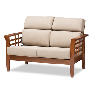 Baxton Studio Larissa Modern Classic Mission Style Cherry Finished Brown Wood and Dark Beige Fabric High Back Cushioned Living Room 2-Seater Loveseat