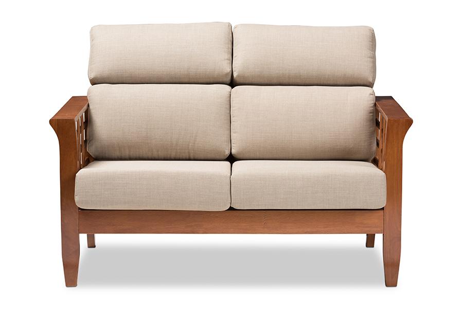 Baxton Studio Larissa Modern Classic Mission Style Cherry Finished Brown Wood and Dark Beige Fabric High Back Cushioned Living Room 2-Seater Loveseat