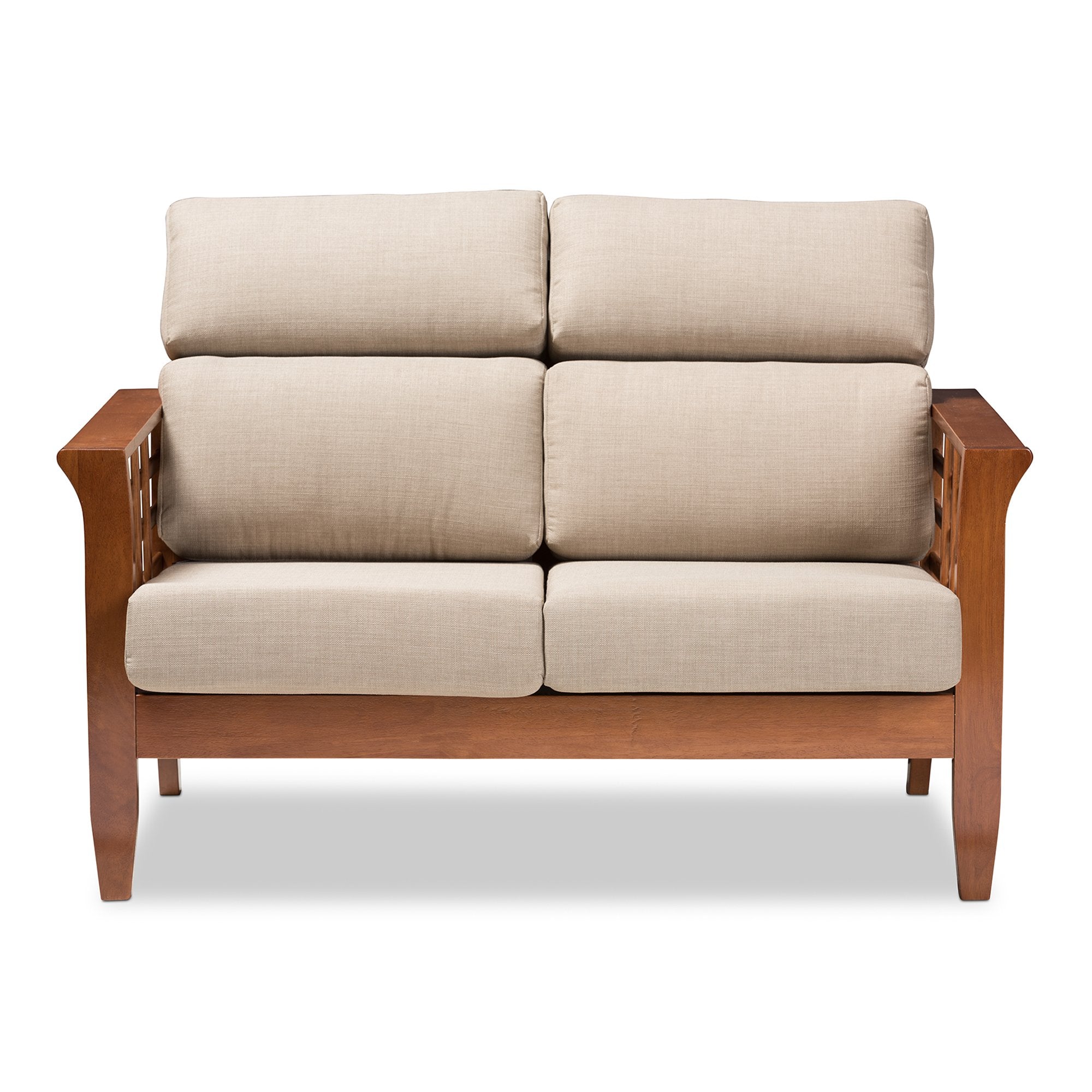 Baxton Studio Larissa Modern Classic Mission Style Cherry Finished Brown Wood and Dark Beige Fabric High Back Cushioned Living Room 2-Seater Loveseat