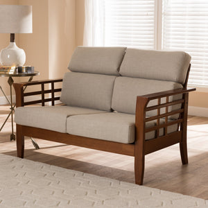 Baxton Studio Larissa Modern Classic Mission Style Cherry Finished Brown Wood and Dark Beige Fabric High Back Cushioned Living Room 2-Seater Loveseat