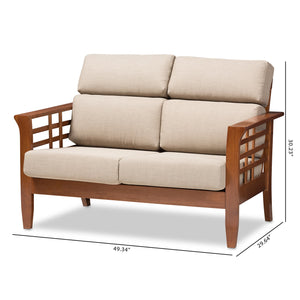 Baxton Studio Larissa Modern Classic Mission Style Cherry Finished Brown Wood and Dark Beige Fabric High Back Cushioned Living Room 2-Seater Loveseat