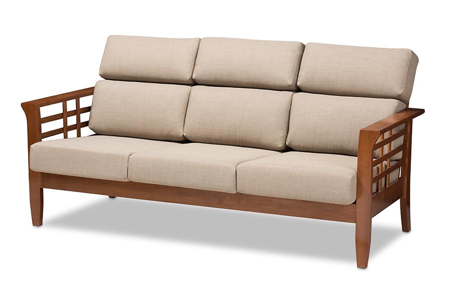 Baxton Studio Larissa Modern Classic Mission Style Cherry Finished Brown Wood and Dark Beige Fabric High Back Cushioned Living Room 3-Seater Sofa