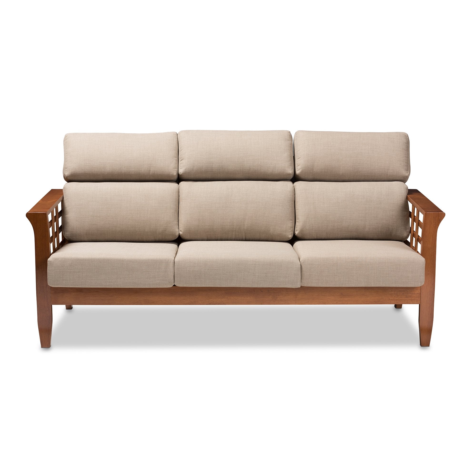 Baxton Studio Larissa Modern Classic Mission Style Cherry Finished Brown Wood and Dark Beige Fabric High Back Cushioned Living Room 3-Seater Sofa