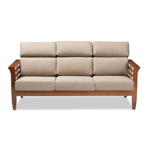 Baxton Studio Larissa Modern Classic Mission Style Cherry Finished Brown Wood and Dark Beige Fabric High Back Cushioned Living Room 3-Seater Sofa