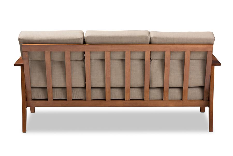 Baxton Studio Larissa Modern Classic Mission Style Cherry Finished Brown Wood and Dark Beige Fabric High Back Cushioned Living Room 3-Seater Sofa