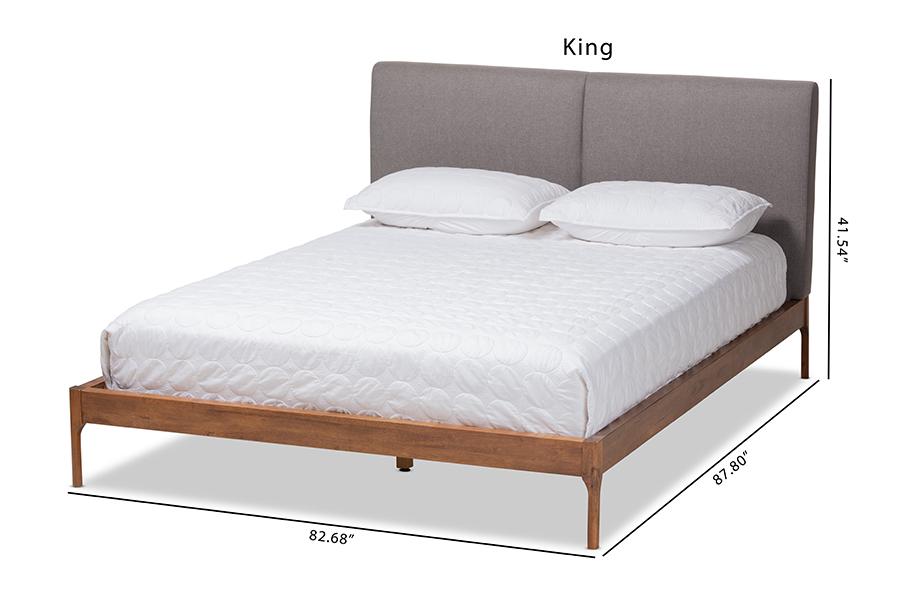 Baxton Studio Aveneil Mid-Century Modern Grey Fabric Upholstered Walnut Finished King Size Platform Bed