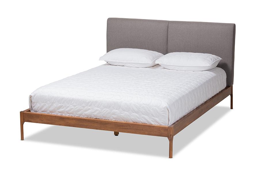 Baxton Studio Aveneil Mid-Century Modern Grey Fabric Upholstered Walnut Finished King Size Platform Bed