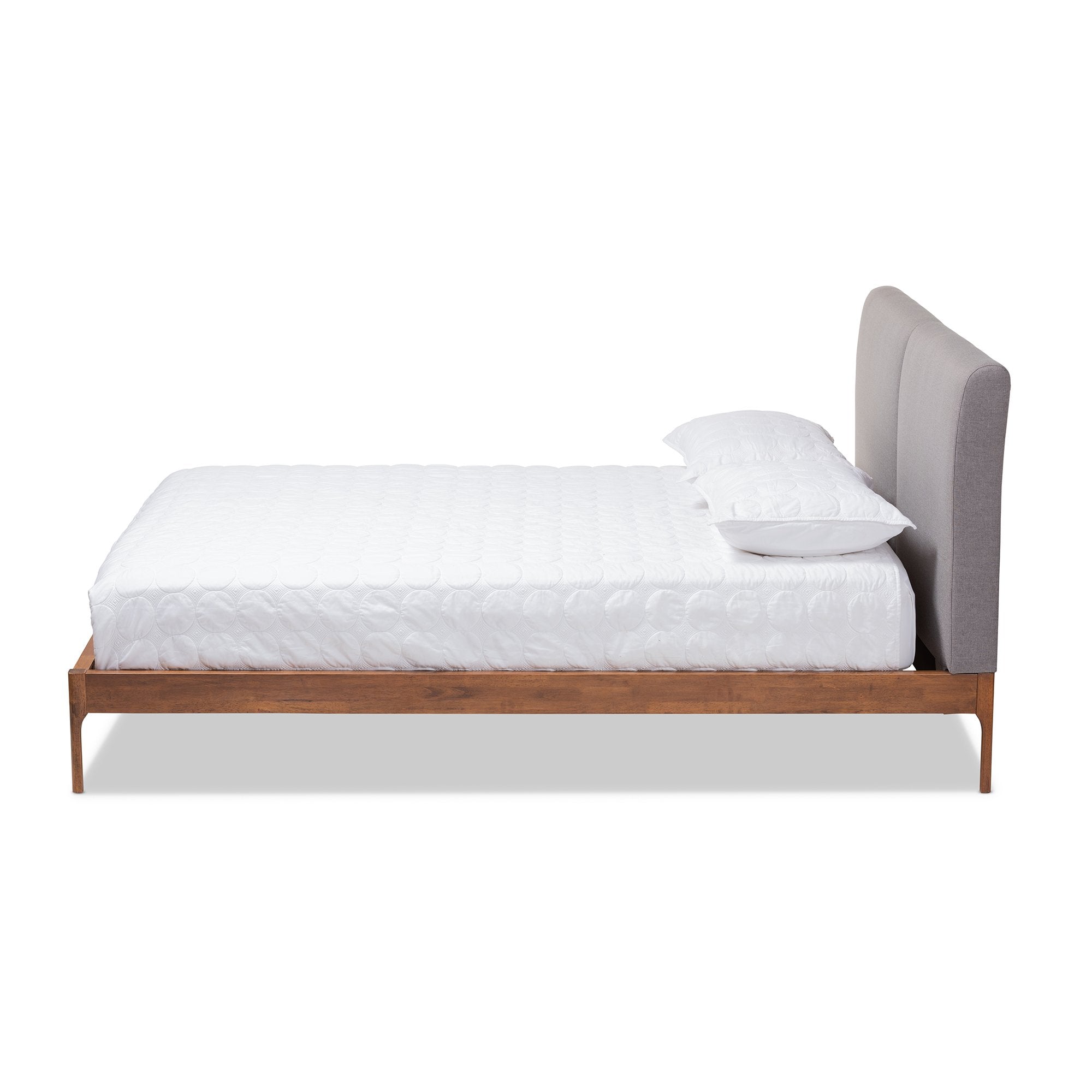 Baxton Studio Aveneil Mid-Century Modern Grey Fabric Upholstered Walnut Finished Queen Size Platform Bed