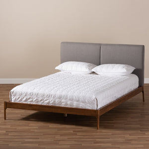 Baxton Studio Aveneil Mid-Century Modern Grey Fabric Upholstered Walnut Finished Full Size Platform Bed