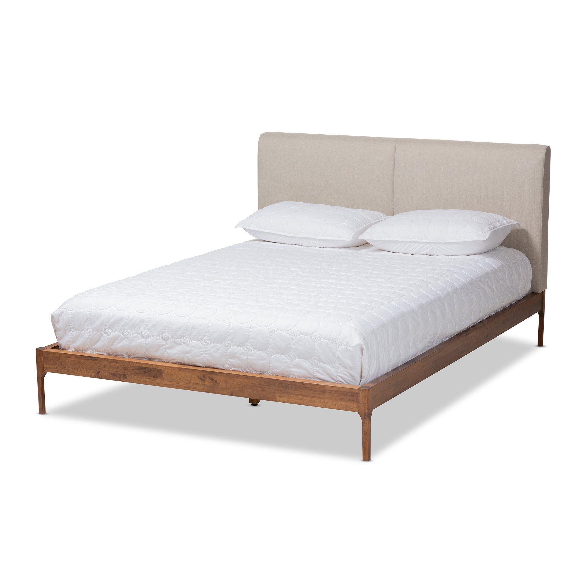 Baxton Studio Aveneil Mid-Century Modern Beige Fabric Upholstered Walnut Finished King Size Platform Bed