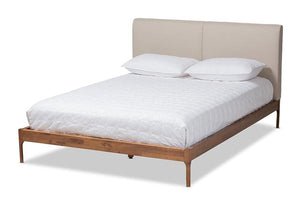 Baxton Studio Aveneil Mid-Century Modern Beige Fabric Upholstered Walnut Finished Full Size Platform Bed