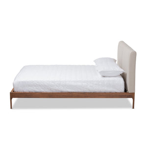 Baxton Studio Aveneil Mid-Century Modern Beige Fabric Upholstered Walnut Finished King Size Platform Bed