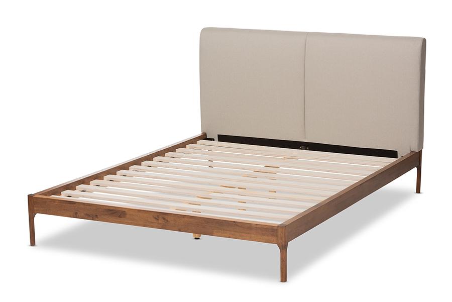 Baxton Studio Aveneil Mid-Century Modern Beige Fabric Upholstered Walnut Finished Full Size Platform Bed