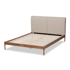 Baxton Studio Aveneil Mid-Century Modern Beige Fabric Upholstered Walnut Finished King Size Platform Bed