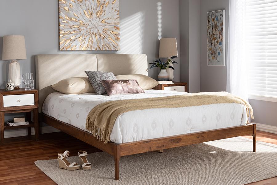 Baxton Studio Aveneil Mid-Century Modern Beige Fabric Upholstered Walnut Finished King Size Platform Bed