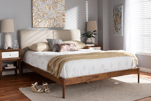 Baxton Studio Aveneil Mid-Century Modern Beige Fabric Upholstered Walnut Finished Queen Size Platform Bed