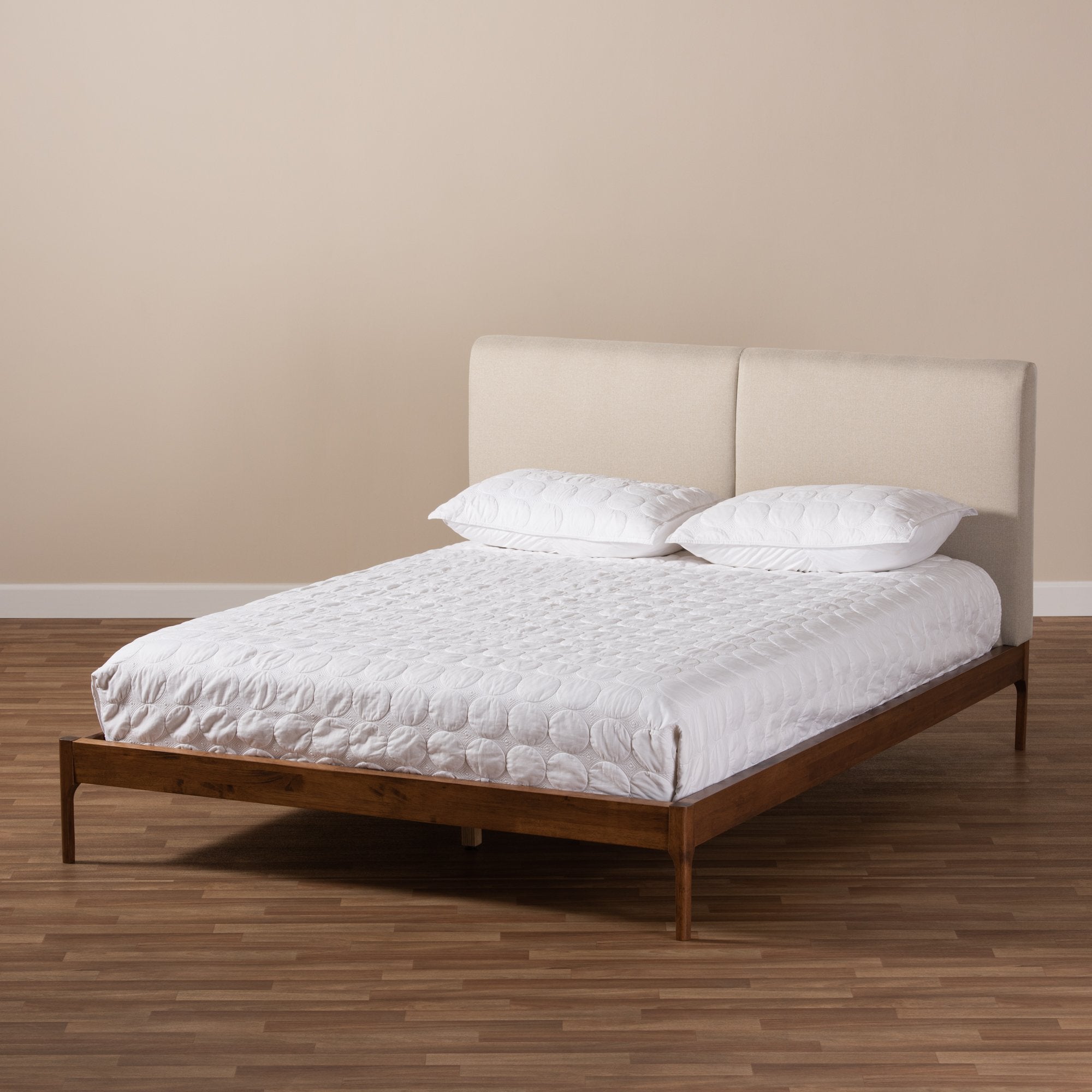 Baxton Studio Aveneil Mid-Century Modern Beige Fabric Upholstered Walnut Finished Full Size Platform Bed